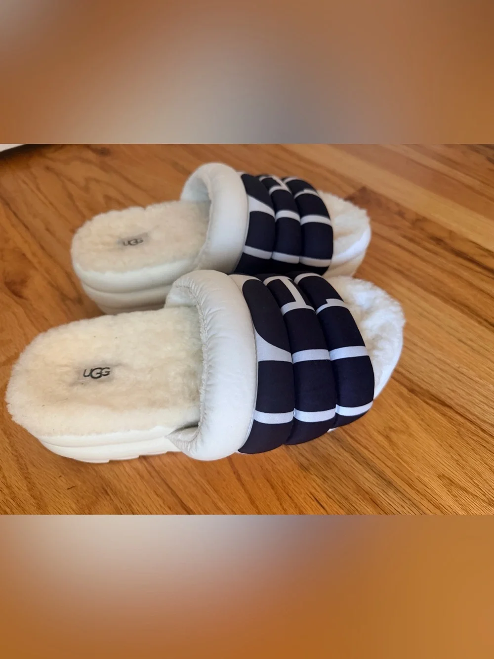 UGG Black & White Puffer Shearling Slide Slippers